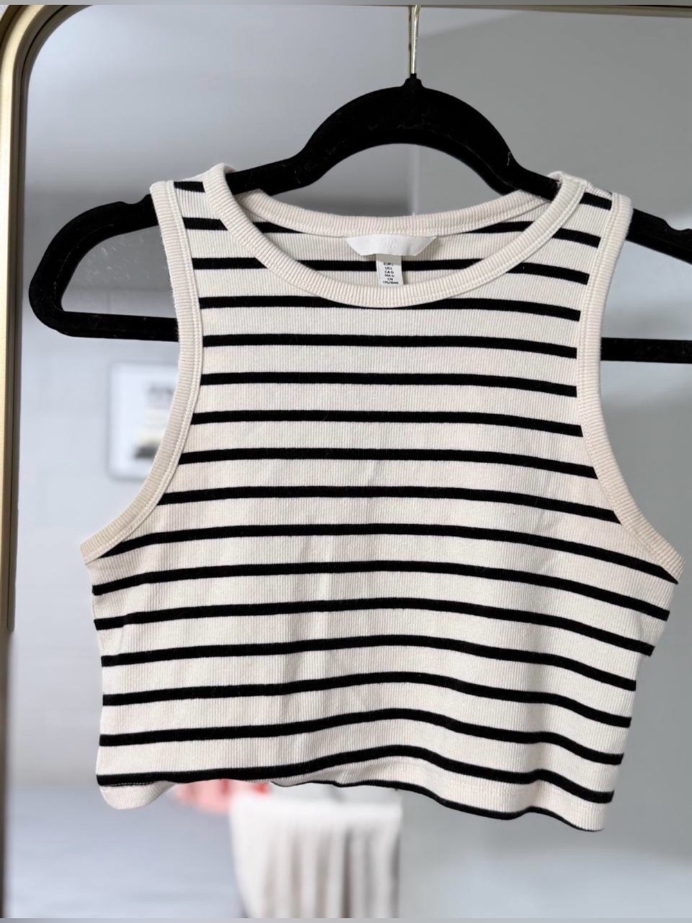 H&M Black & Cream Striped Ribbed Cropped Tank